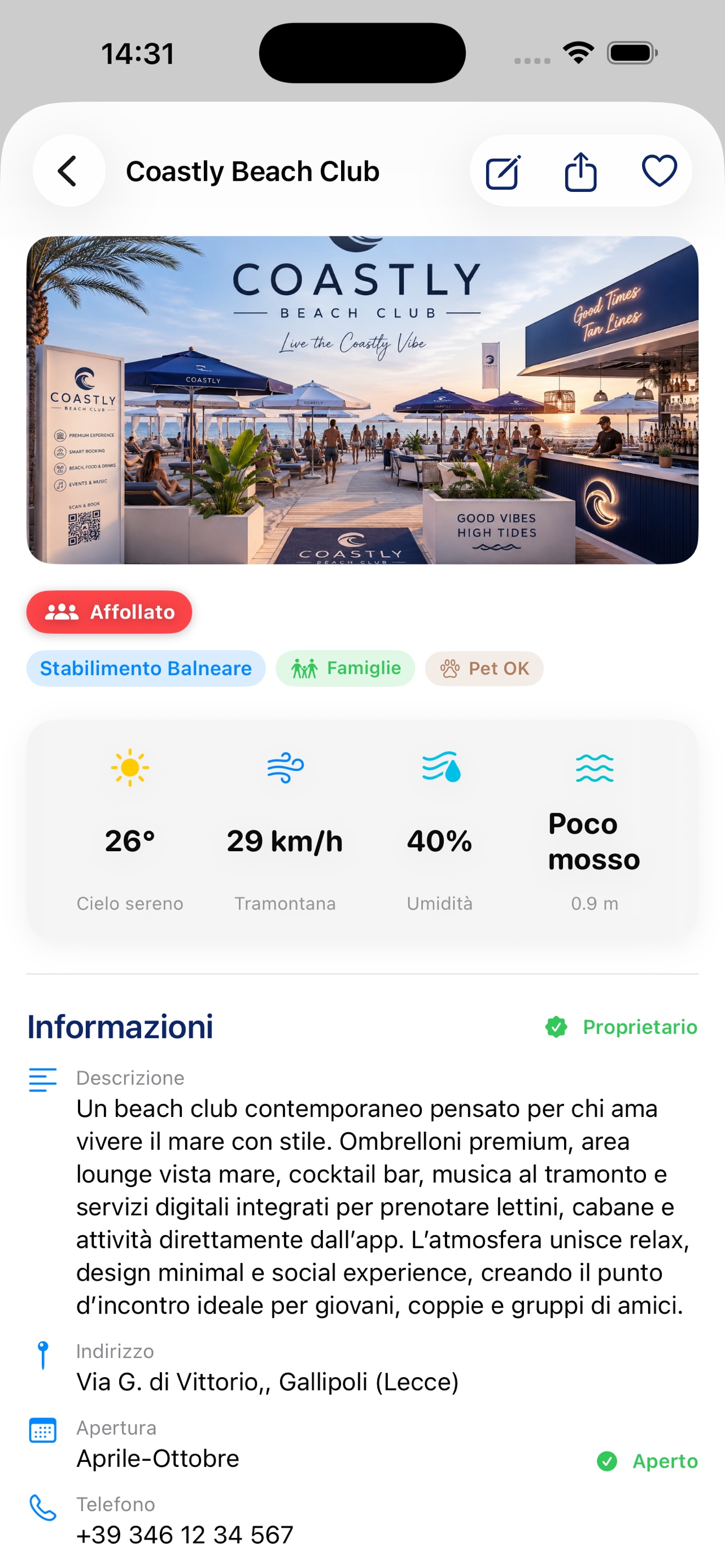 Schermata dettaglio Coastly Beach Club